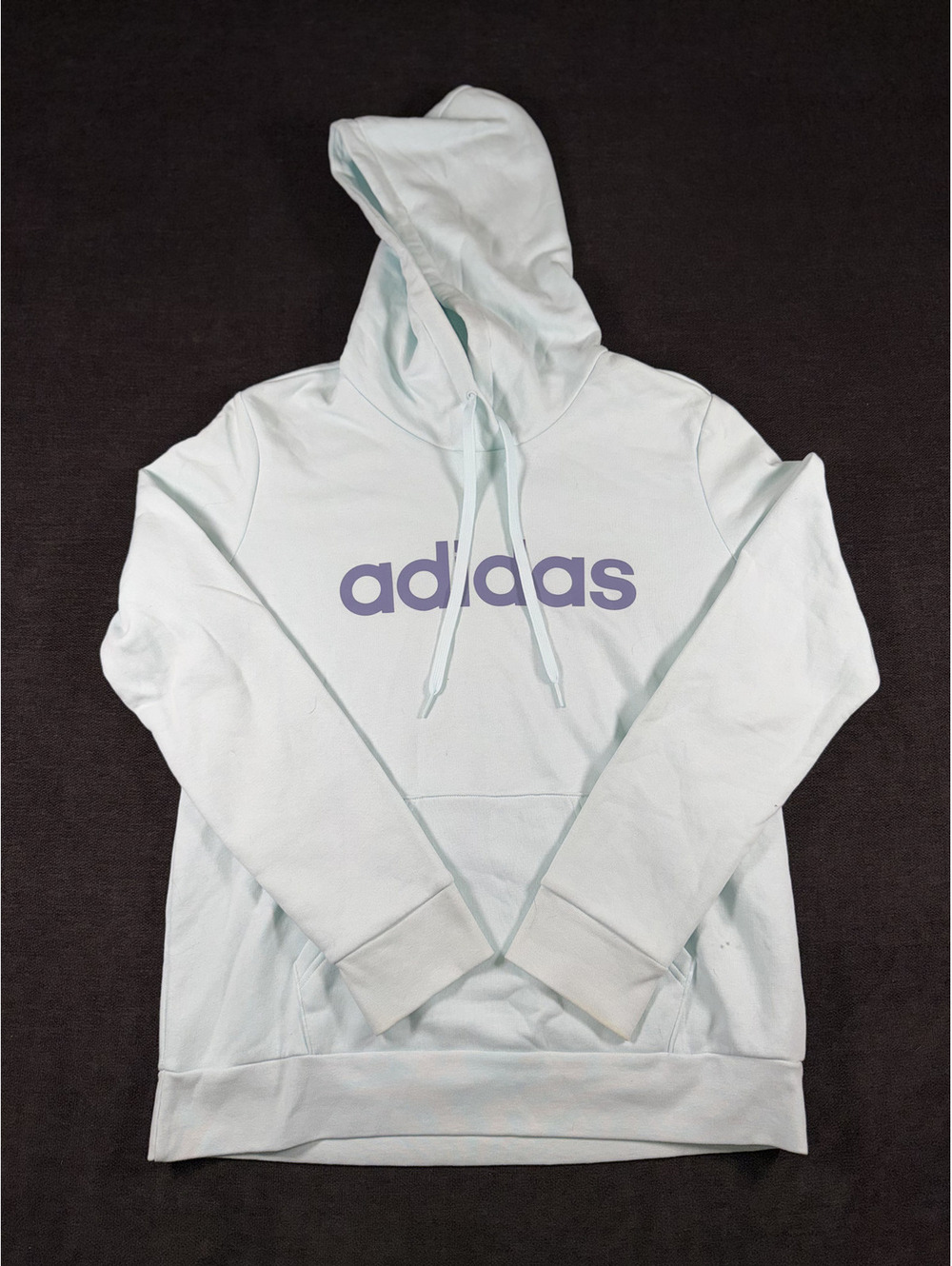 Adidas Light Blue Hoodie with Purple Logo, Size Large
